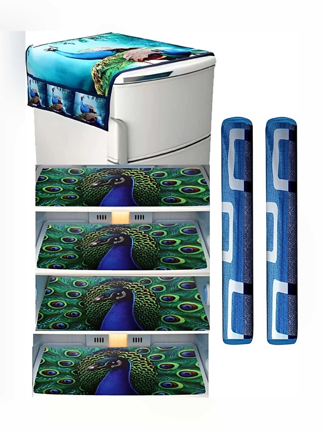 

REVEXO Blue & Green 7 Pieces Refrigerator Covers Mats & Handle Cover