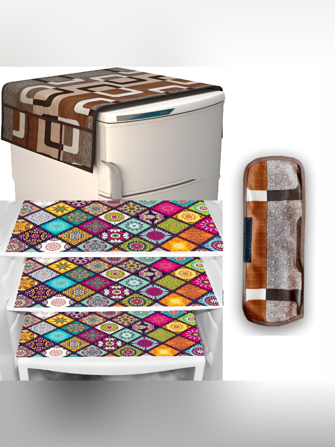 

REVEXO Brown & Pink 5 Pieces Refrigerator Covers Mats & Handle Cover