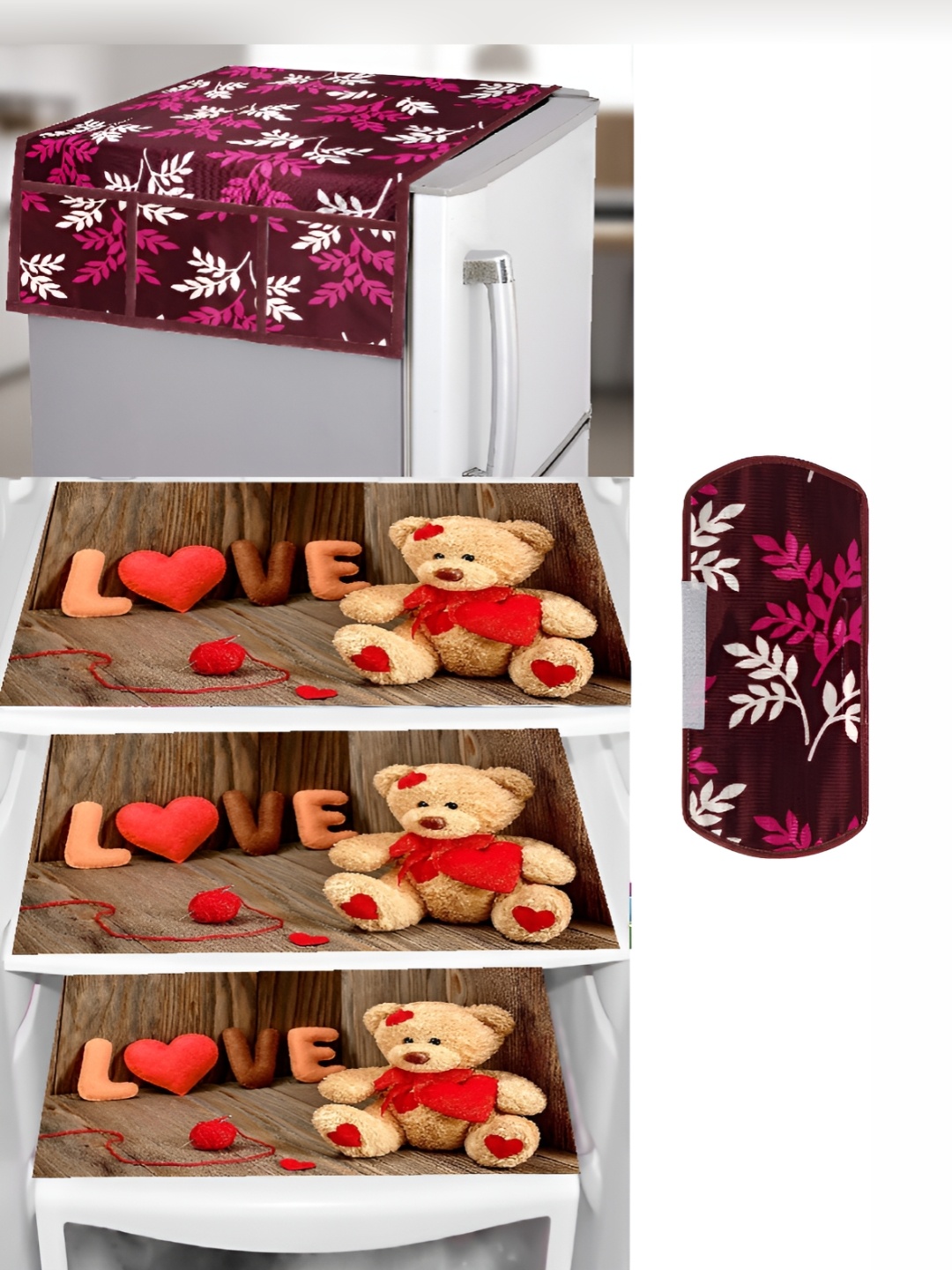 

REVEXO Brown & Burgundy 5 Pieces Printed Fridge Top Cover Handle Covers & Mats
