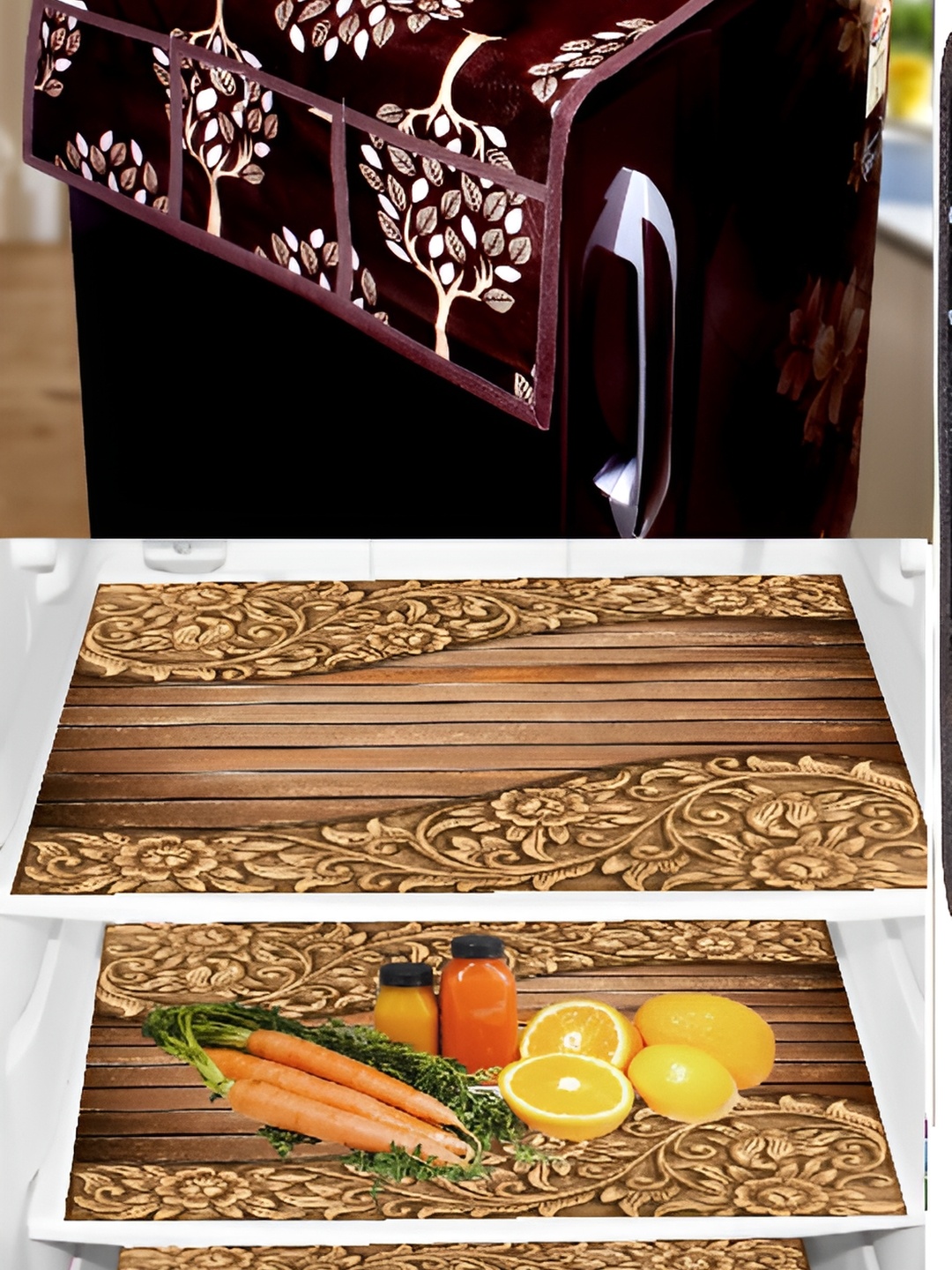 

REVEXO Brown & White 4 Pieces Refrigerator Covers & Mats