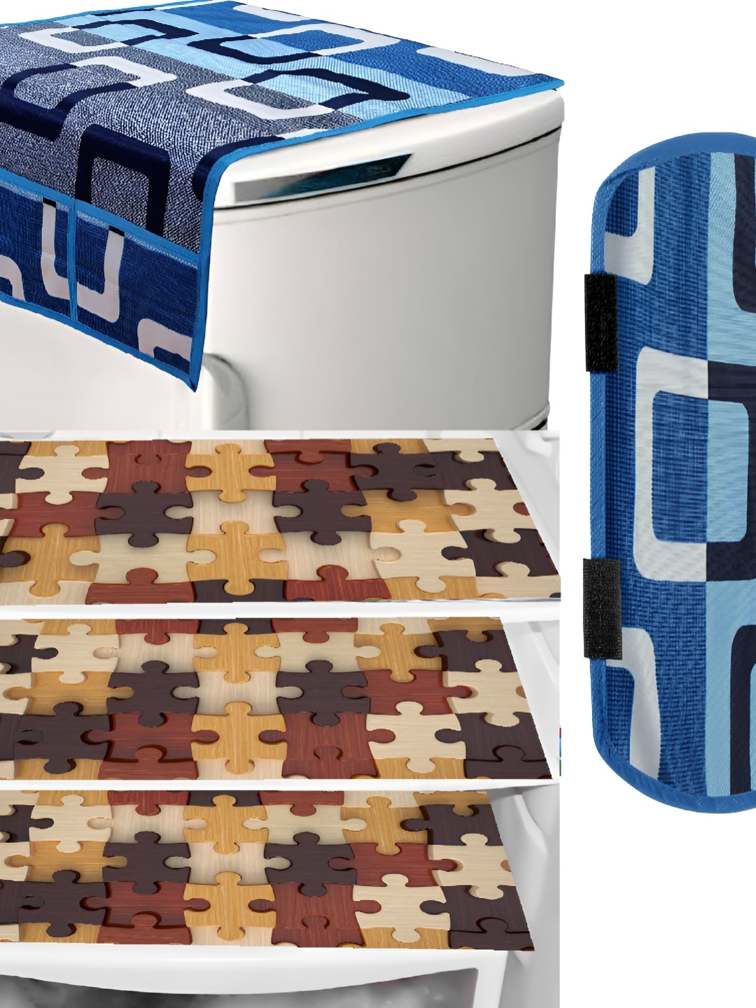 

REVEXO Brown & Blue 5 Pieces Printed Fridge Top Cover Handle Covers & Mats