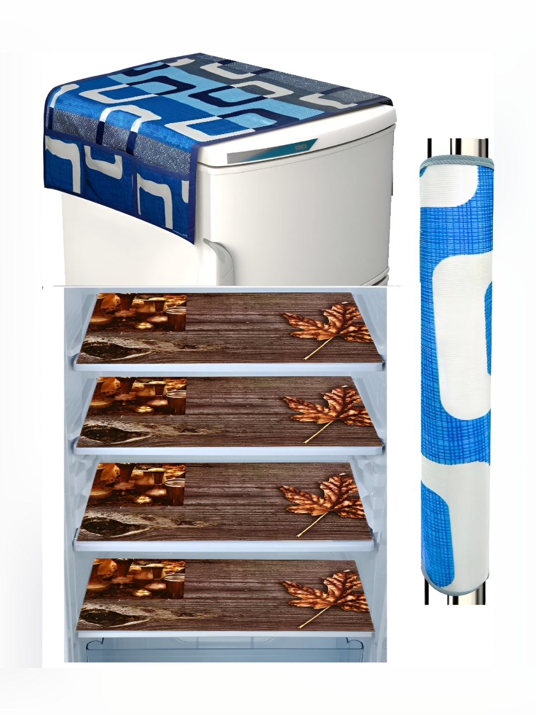 

REVEXO Brown & Blue 6 Pieces Refrigerator Covers Mats & Handle Covers