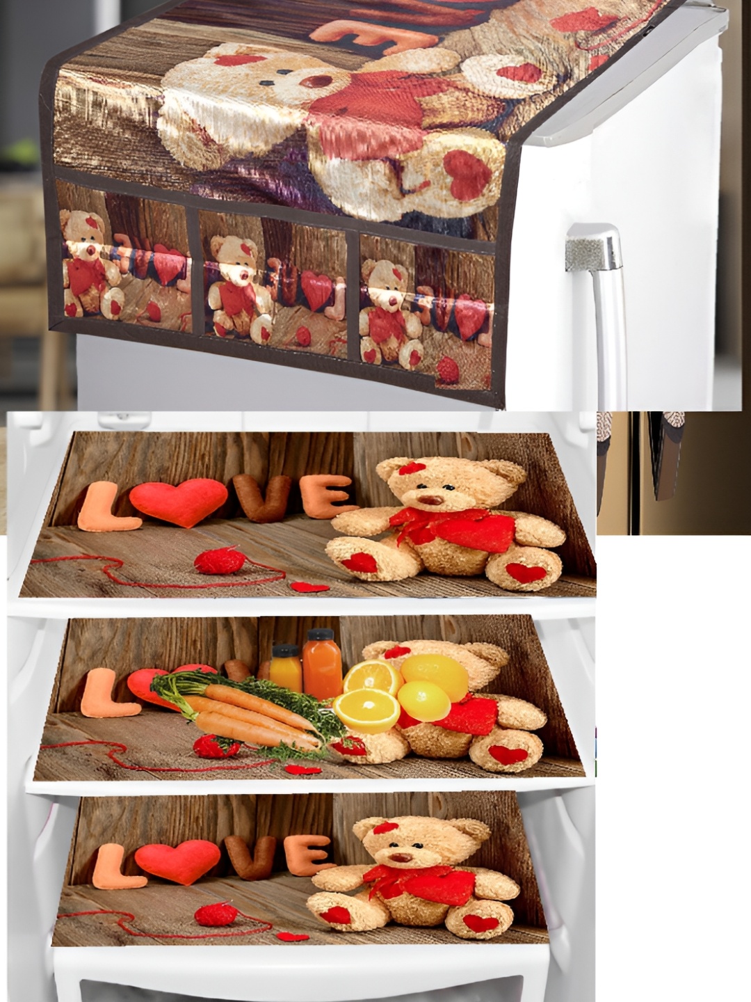 

REVEXO Brown & Red 4 Pcs Printed Fridge Top Cover Handle Covers & Mats