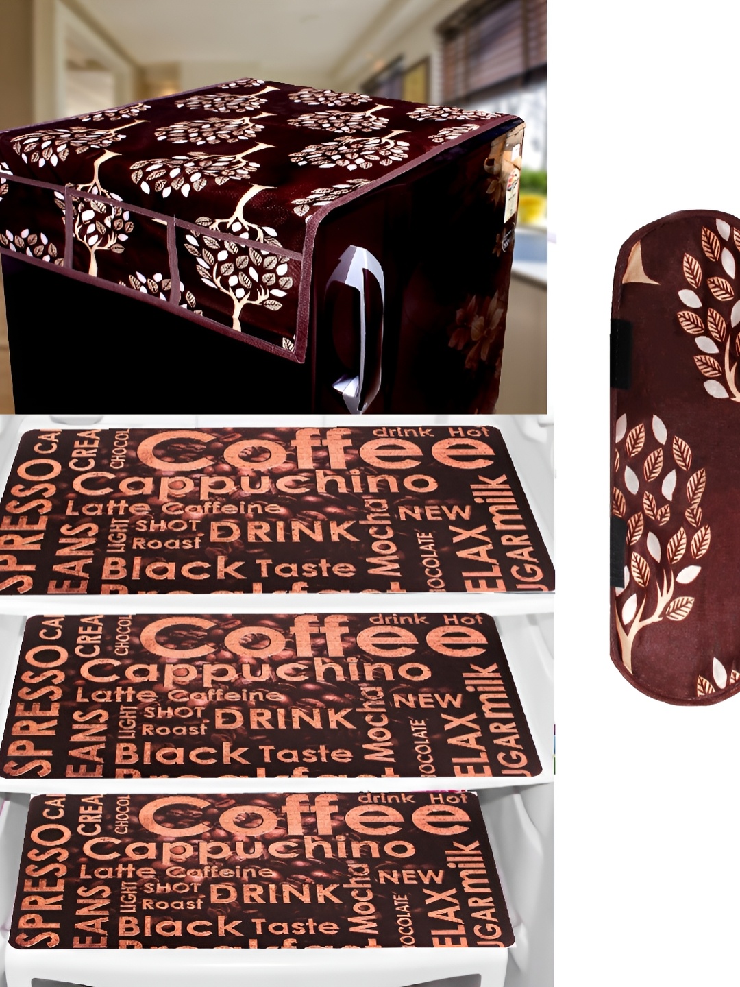 

REVEXO Brown & Maroon 5 Pieces Refrigerator Covers Mats & Handle Cover
