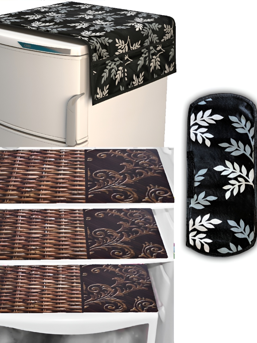 

REVEXO Black & Brown 5 Pieces Floral Printed Fridge Top Cover Handle Covers & Mats