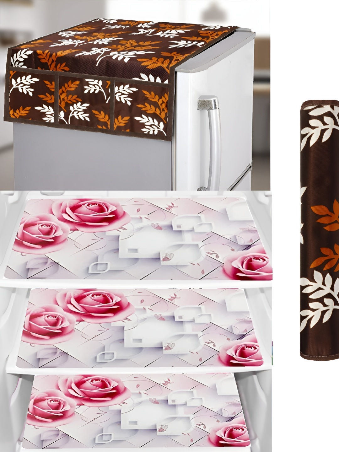 

REVEXO Brown & White 5 Pieces Printed Fridge Top Cover Handle Covers & Mats