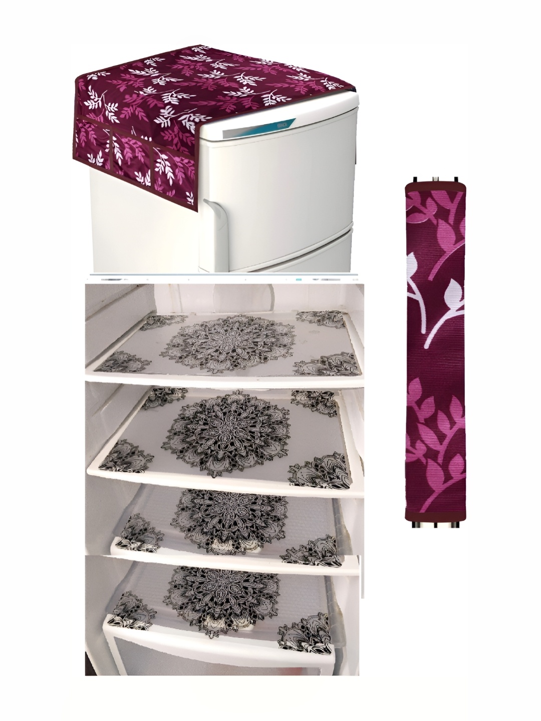 

REVEXO Purple & White 5 Pieces Refrigerator Covers Mats & Handle Cover