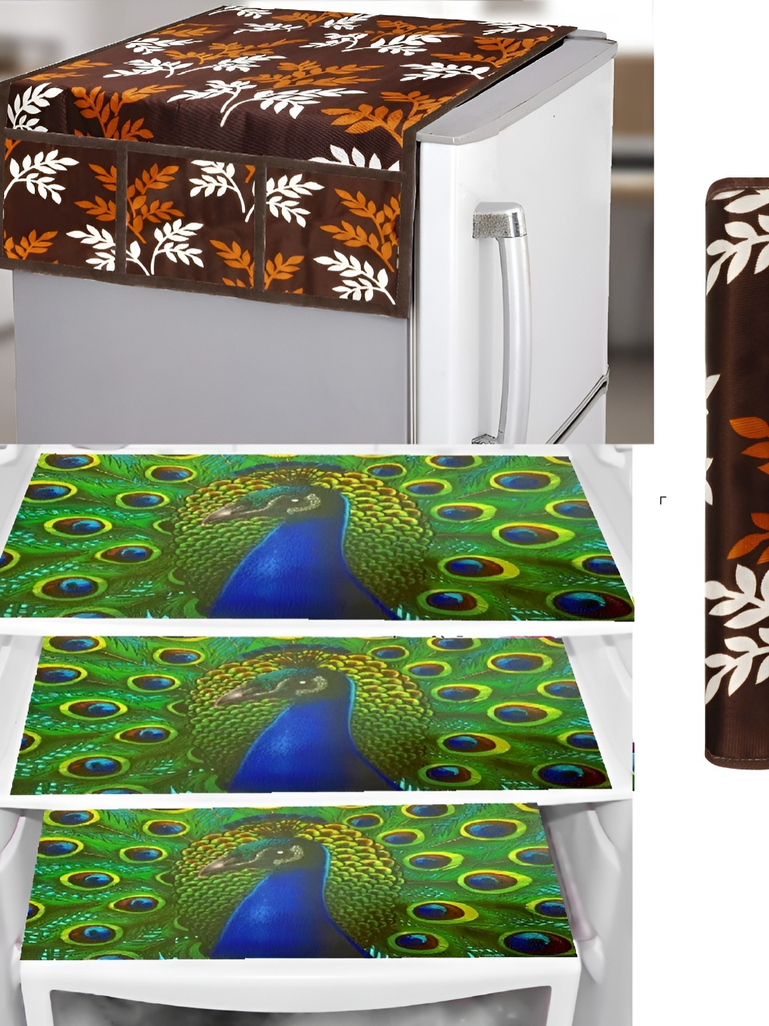 

REVEXO Brown & Green 5 Pieces Refrigerator Covers Mats & Handle Cover