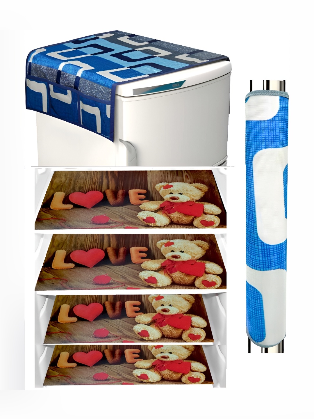 

REVEXO Brown & White 6 Pieces Refrigerator Covers Mats & Handle Cover, Blue