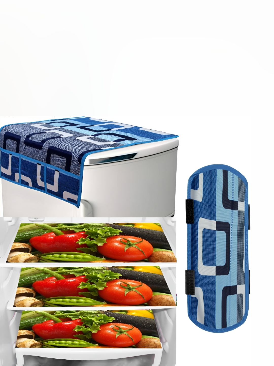 

REVEXO Blue & Green 5 Pieces Refrigerator Covers Mats & Handle Cover