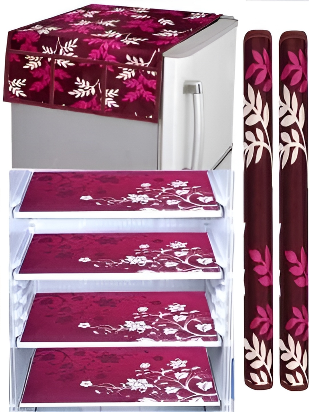 

REVEXO Maroon & White 7 Pieces Printed Fridge Appliance Covers