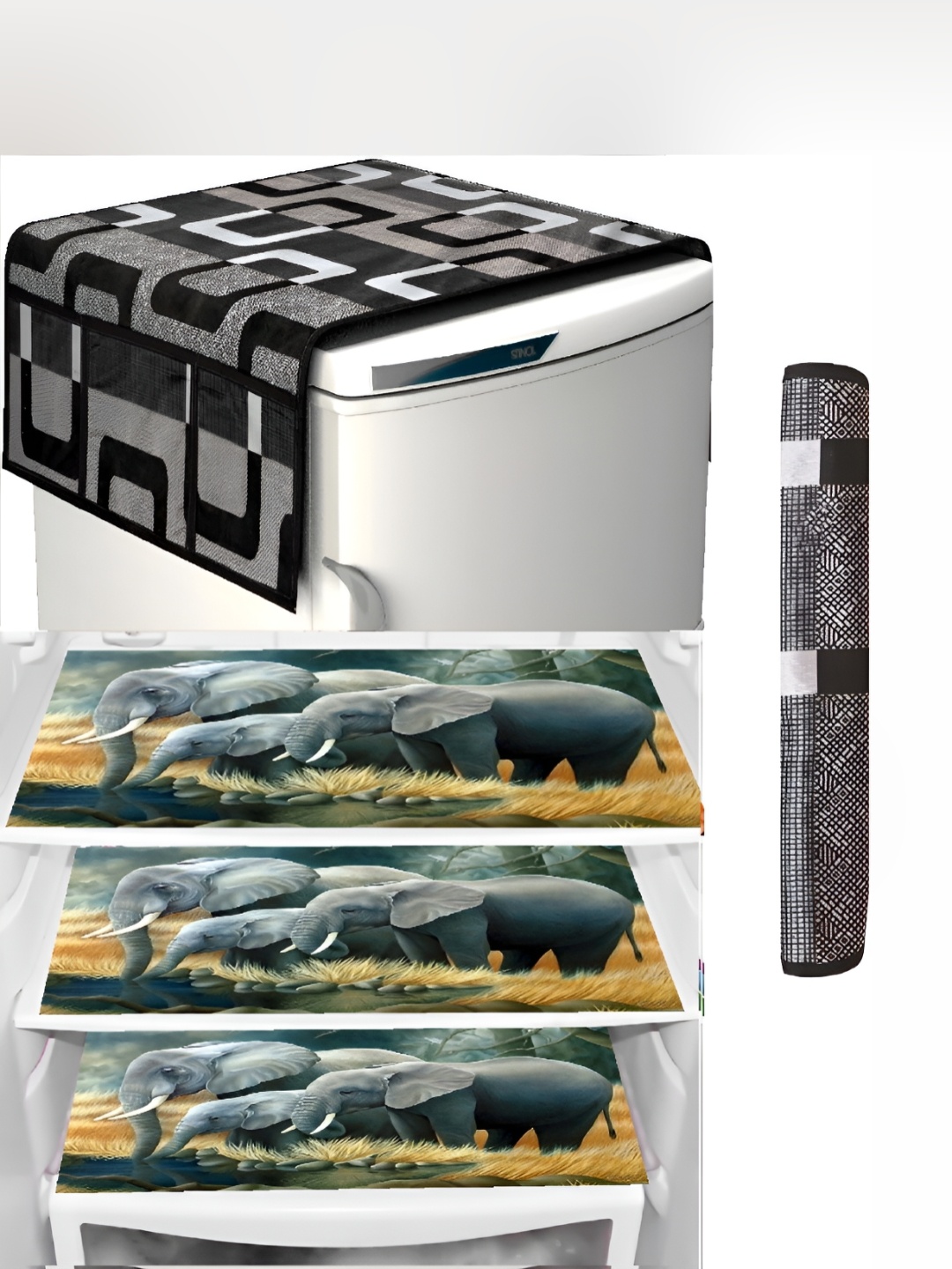 

REVEXO Grey & Black 4 Pieces Printed Fridge Top Cover Handle Covers & Mats