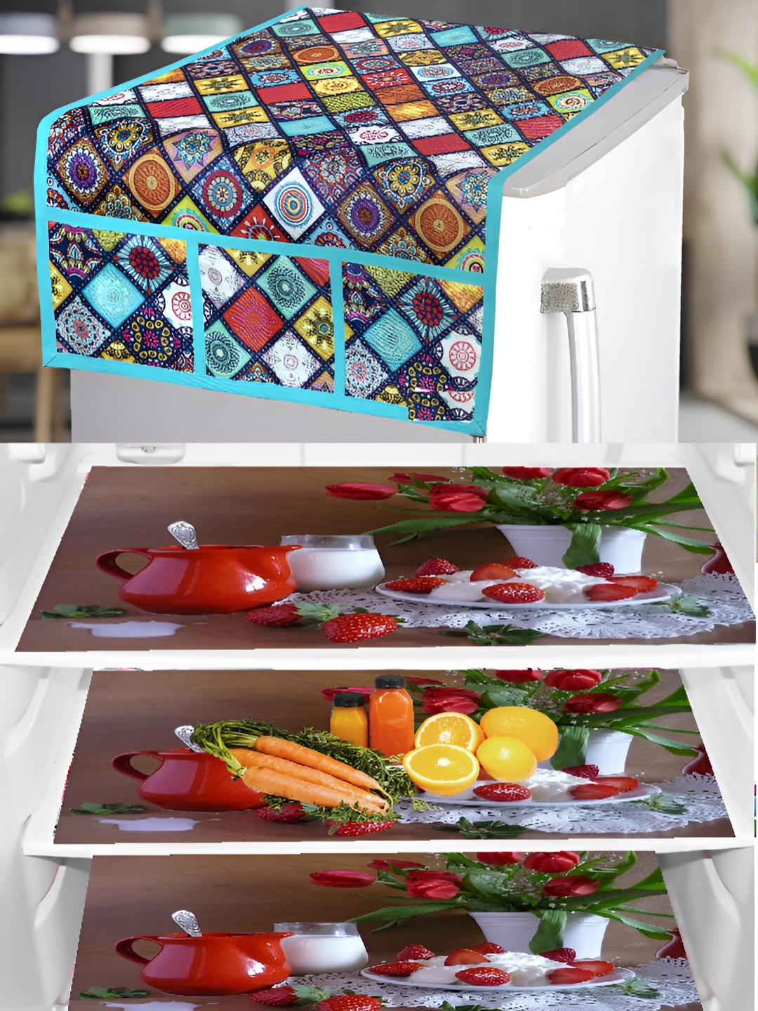 

REVEXO Blue & Brown 4 Pieces Printed Fridge Top Cover & Mats