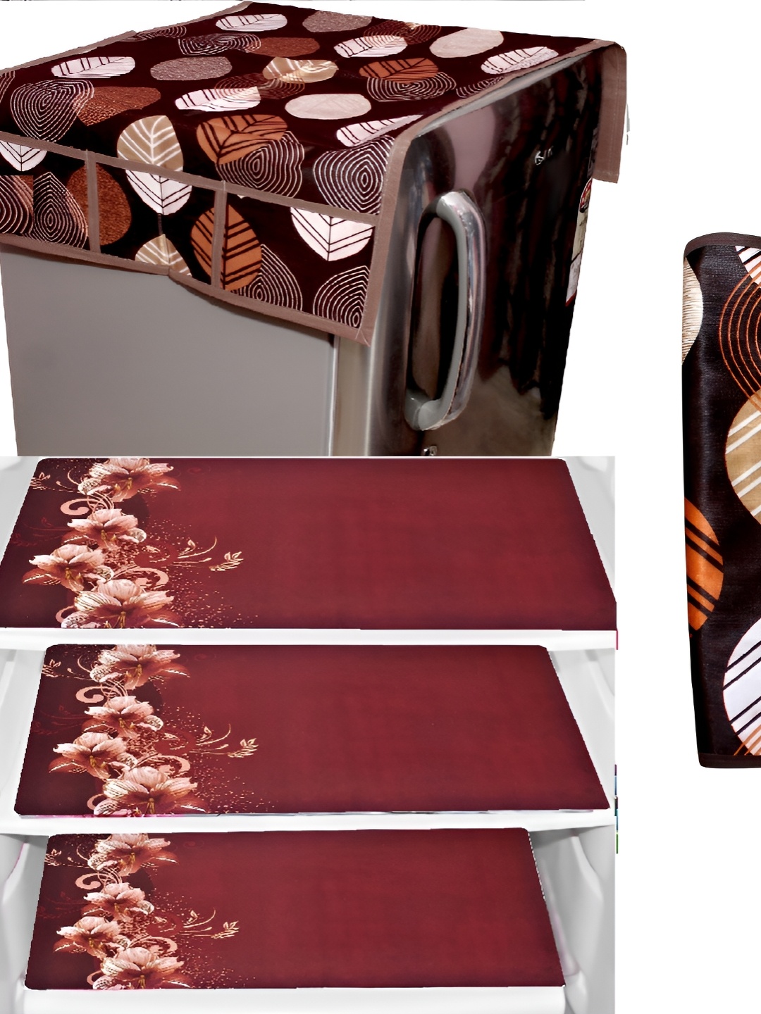 

REVEXO Maroon & Beige 5 Pieces Printed Fridge Top Cover Handle Covers & Mats