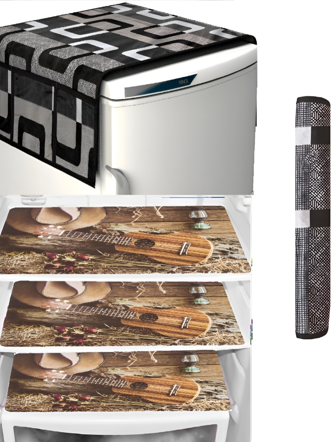 

REVEXO Brown & Black 5 Pieces Refrigerator Covers Mats & Handle Cover