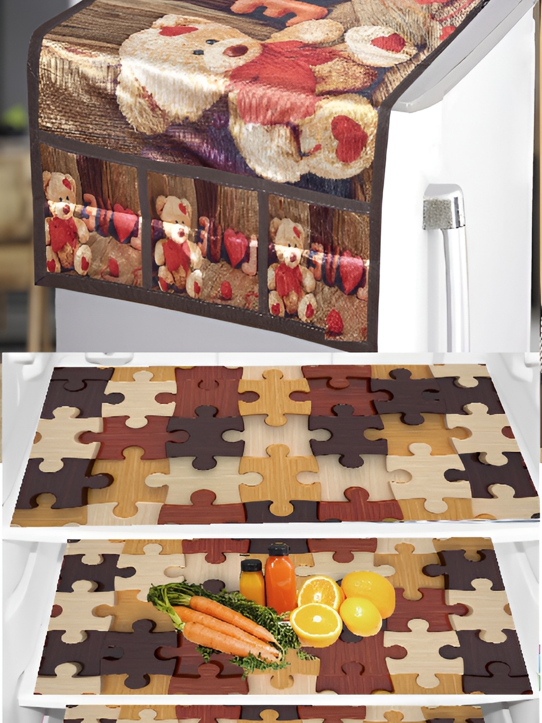

REVEXO Brown & Beige 5 Pieces Printed Fridge Top Cover Handle Covers & Mats