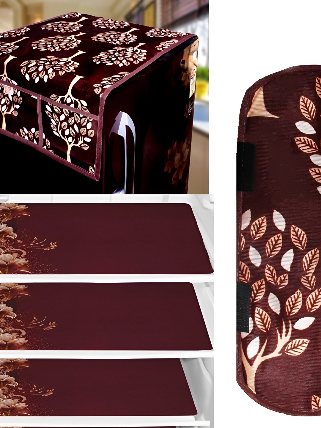 

REVEXO Brown & Beige 5 Pieces Refrigerator Covers Mats & Handle Cover