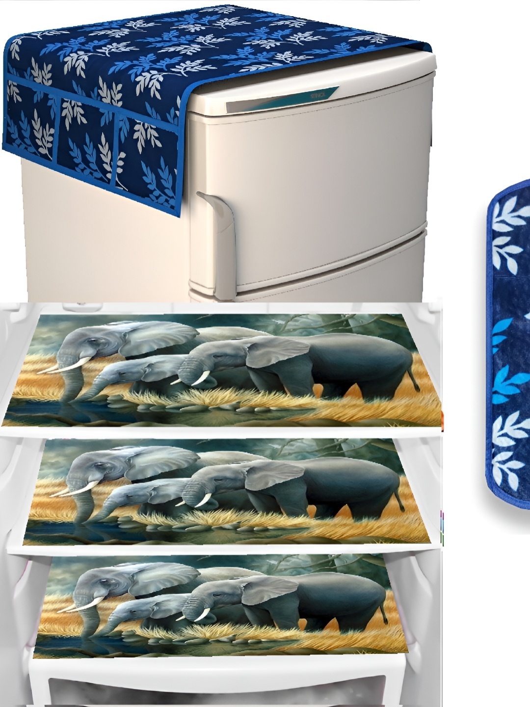 

REVEXO Blue & Grey 5 Pieces Printed Fridge Top Cover Handle Covers & Mats