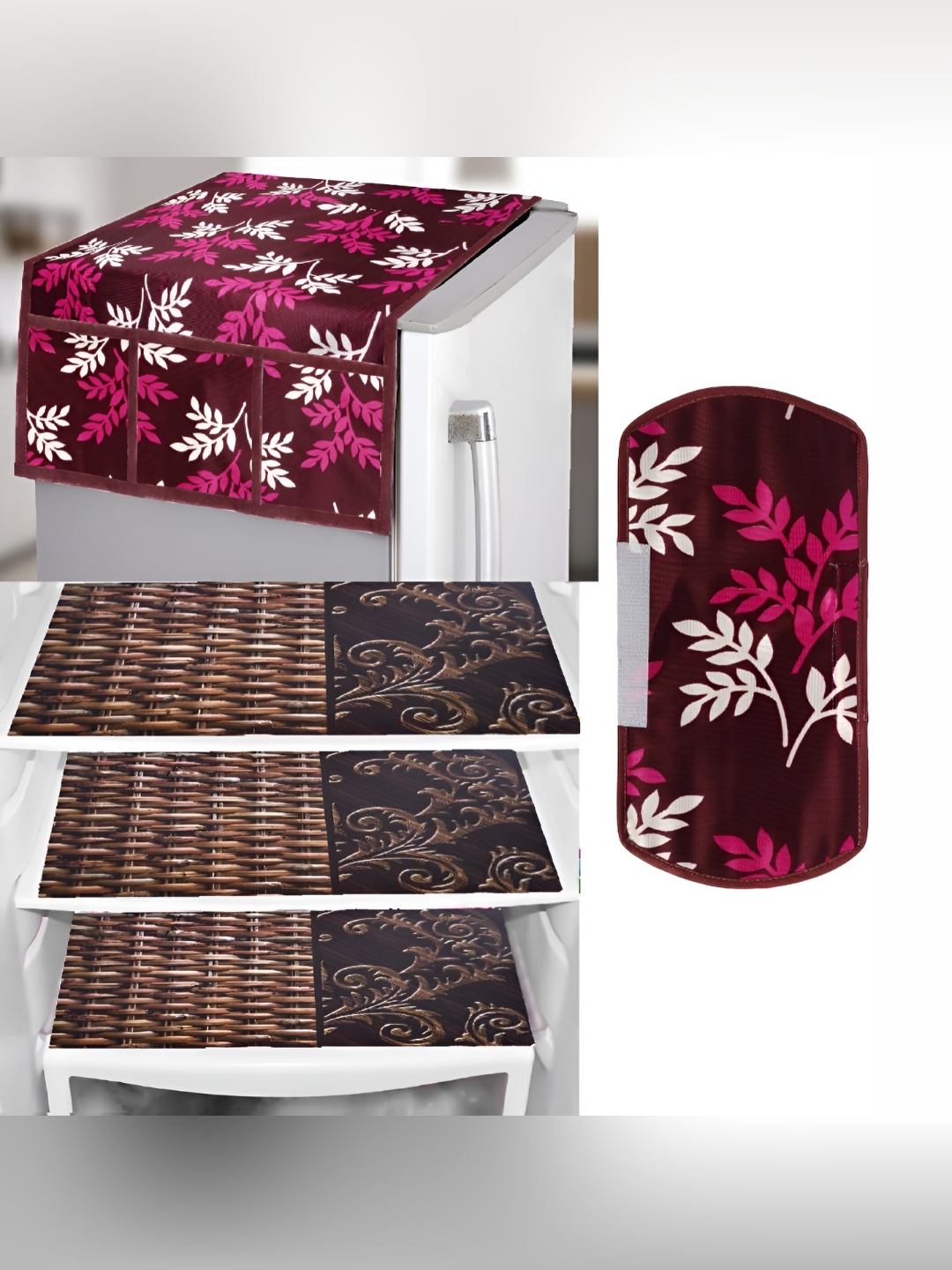 

REVEXO Pink & Brown 5 Pieces Printed Fridge Top Cover Handle Covers & Mats