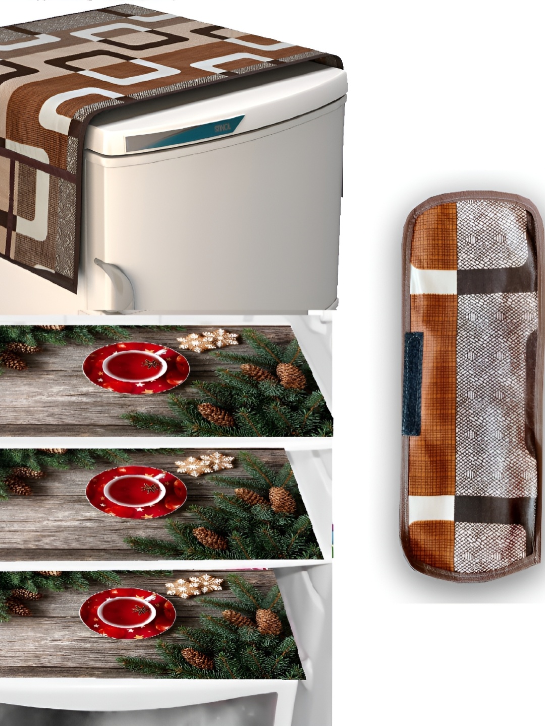 

REVEXO Brown & Green 5 Pieces Refrigerator Covers Mats & Handle Cover