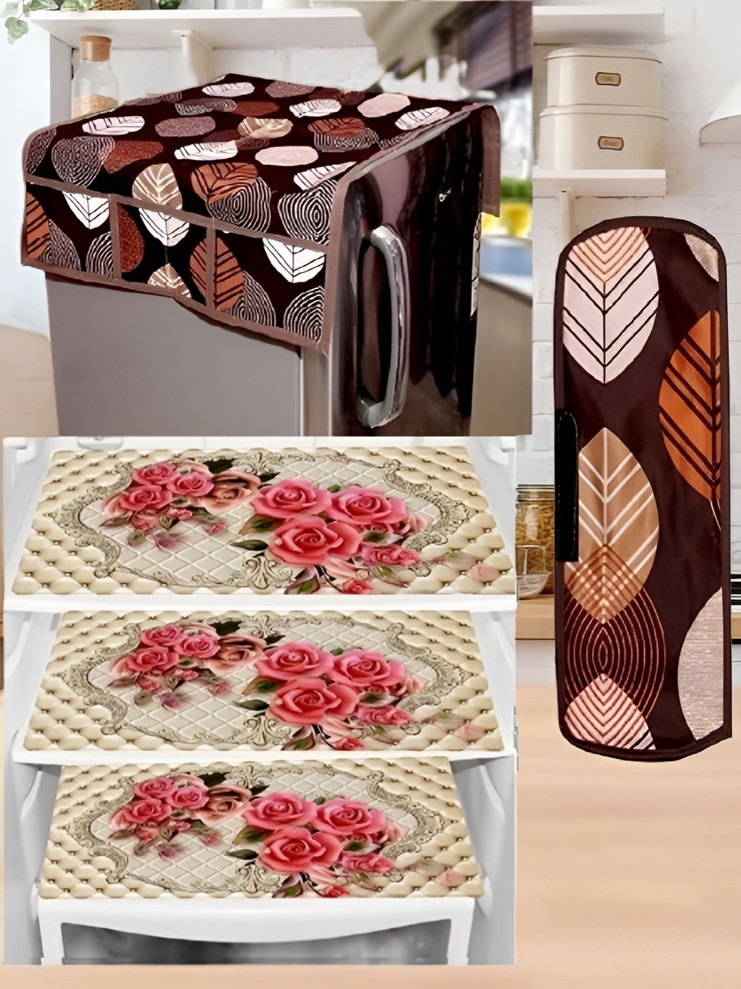 

REVEXO Brown & Pink 5 Pieces Printed Fridge Top Cover Handle Covers & Mats