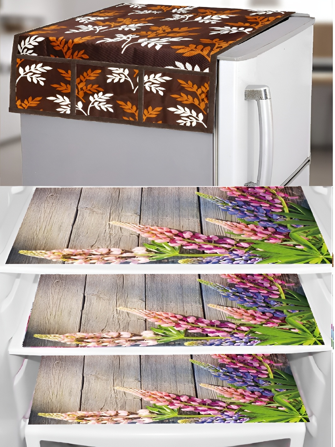 

REVEXO Brown & Green 4 Pieces Refrigerator Covers & Mats