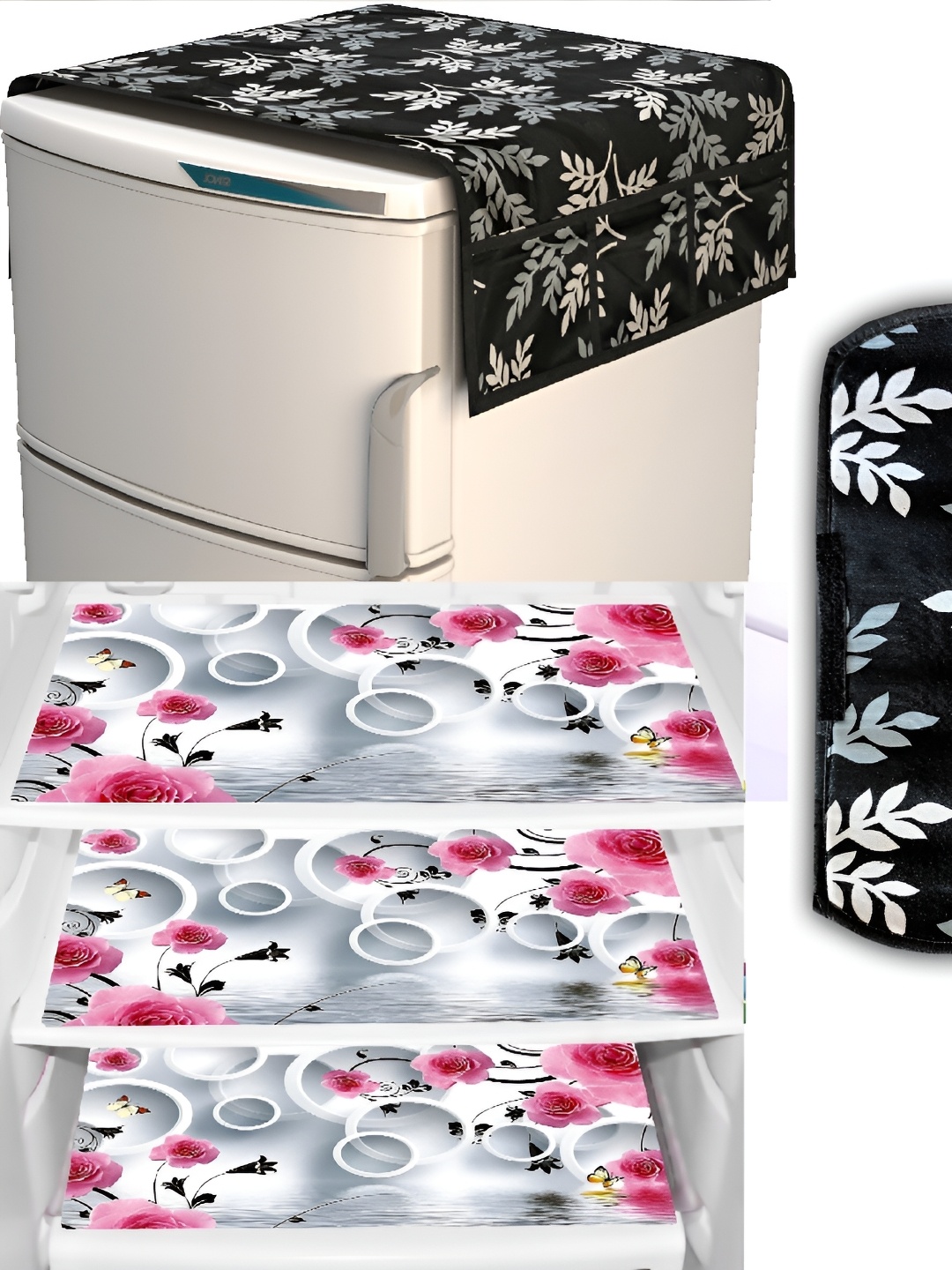 

REVEXO Black & Pink 5 Pieces Printed Fridge Top Cover Handle Covers & Mats