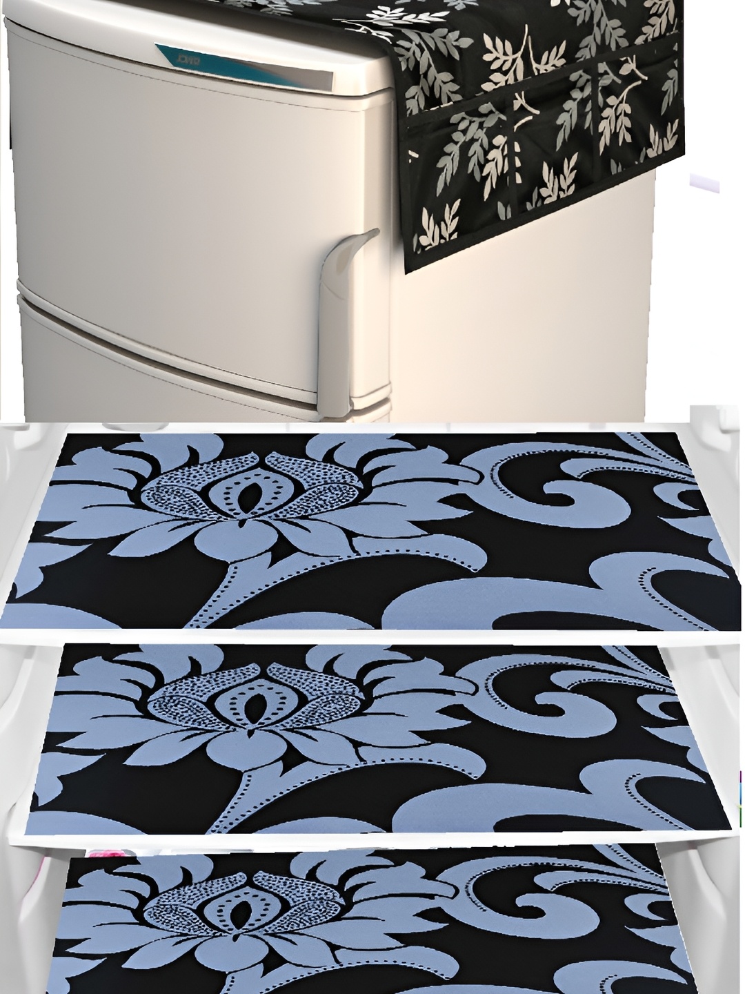 

REVEXO Blue & Black 4 Pieces Printed Fridge Top Cover & Mats