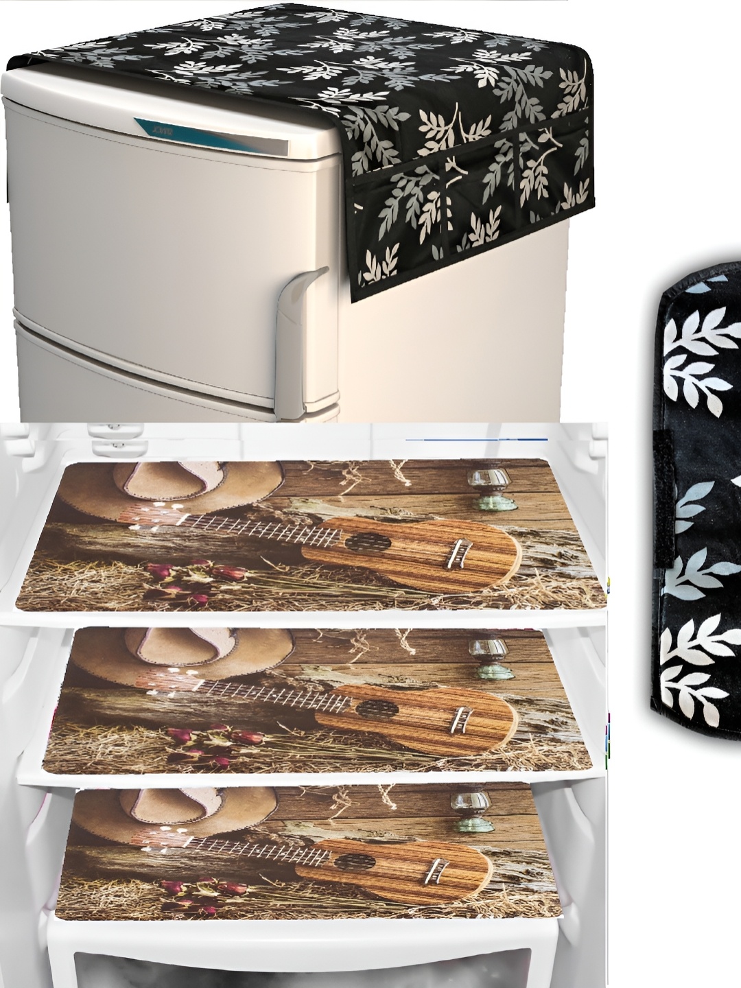 

REVEXO Black & Brown 5 Pieces Refrigerator Covers Mats & Handle Cover