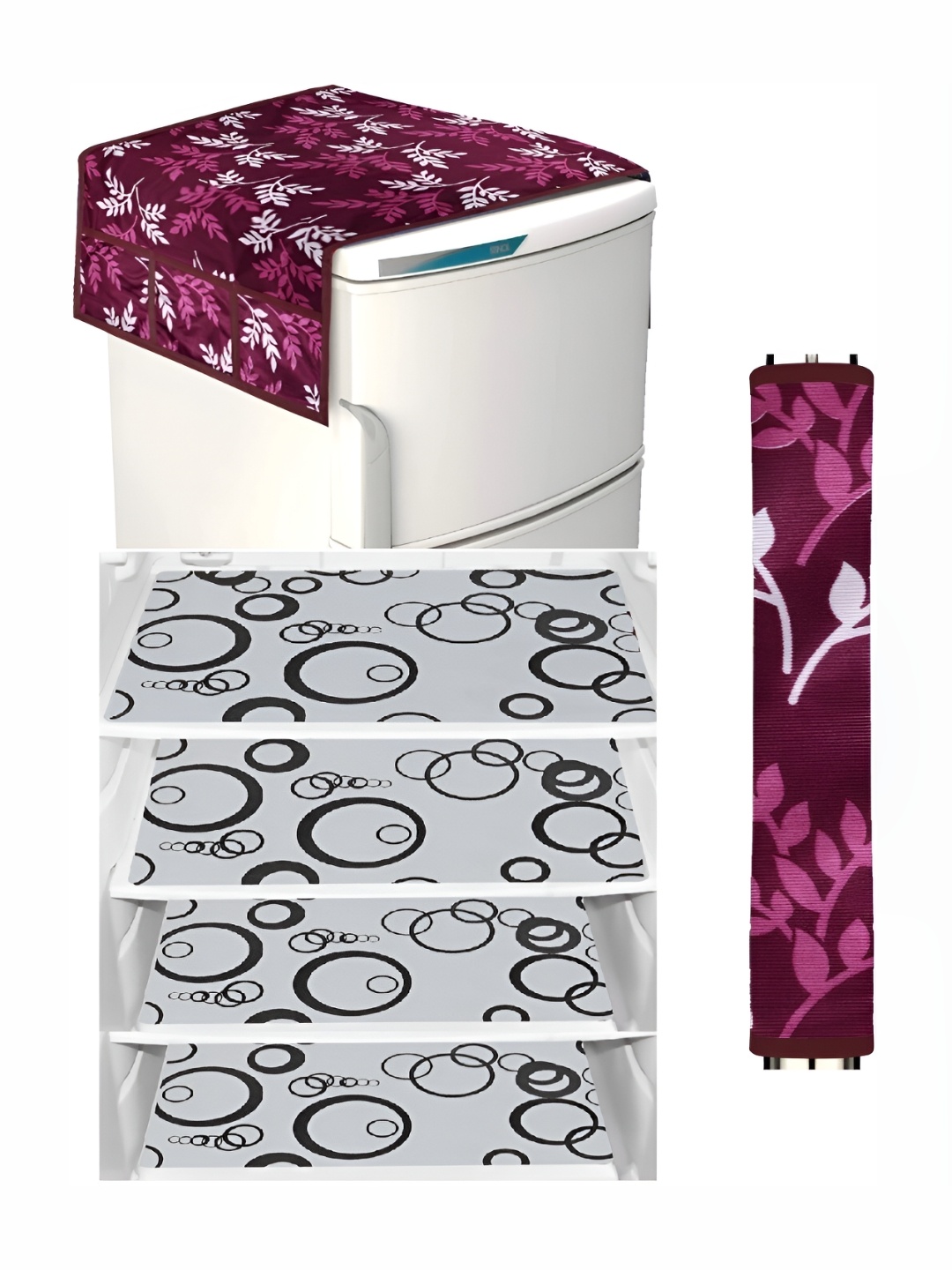 

REVEXO Pink & White 5 Pieces Printed Fridge Top Cover Handle Covers & Mats