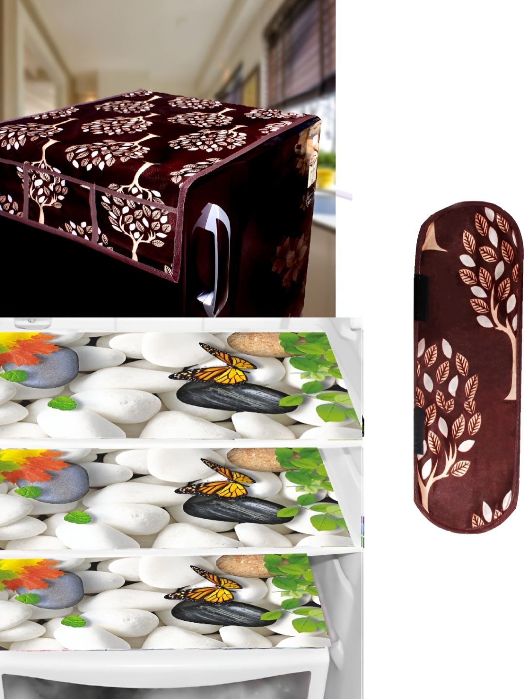 

REVEXO Brown & White 5 Pieces Printed Fridge Top Cover Handle Covers & Mats