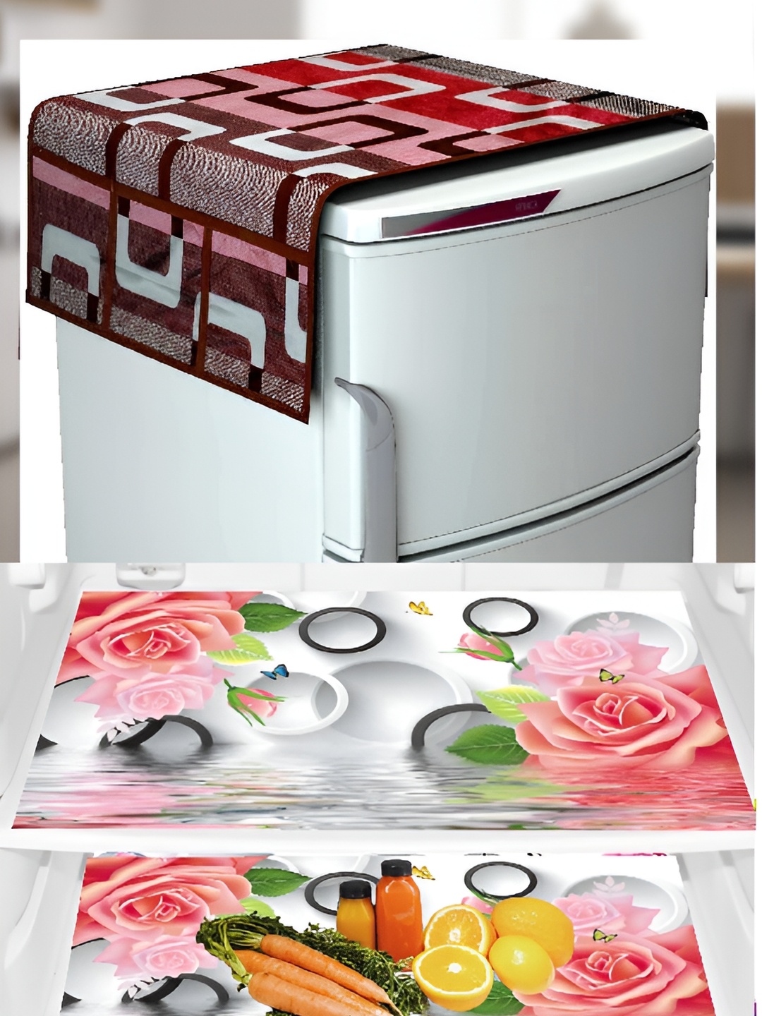 

REVEXO Maroon & Pink 4 Pieces Printed Fridge Top Cover Handle Covers & Mats