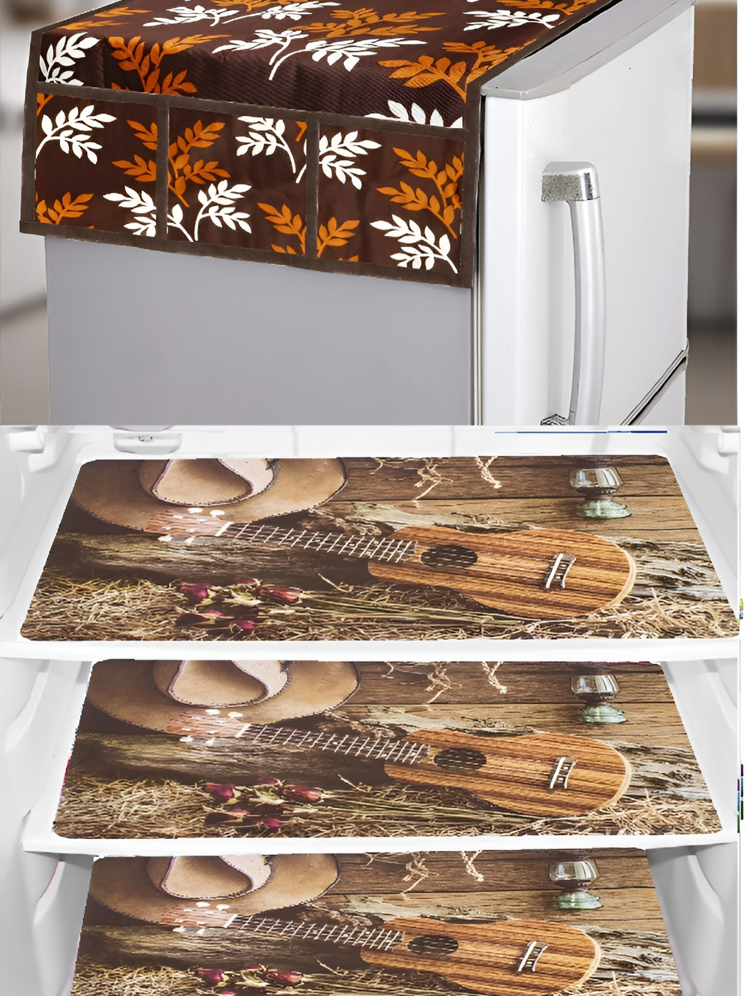 

REVEXO Brown & White 4 Pieces Printed Fridge Appliance Covers
