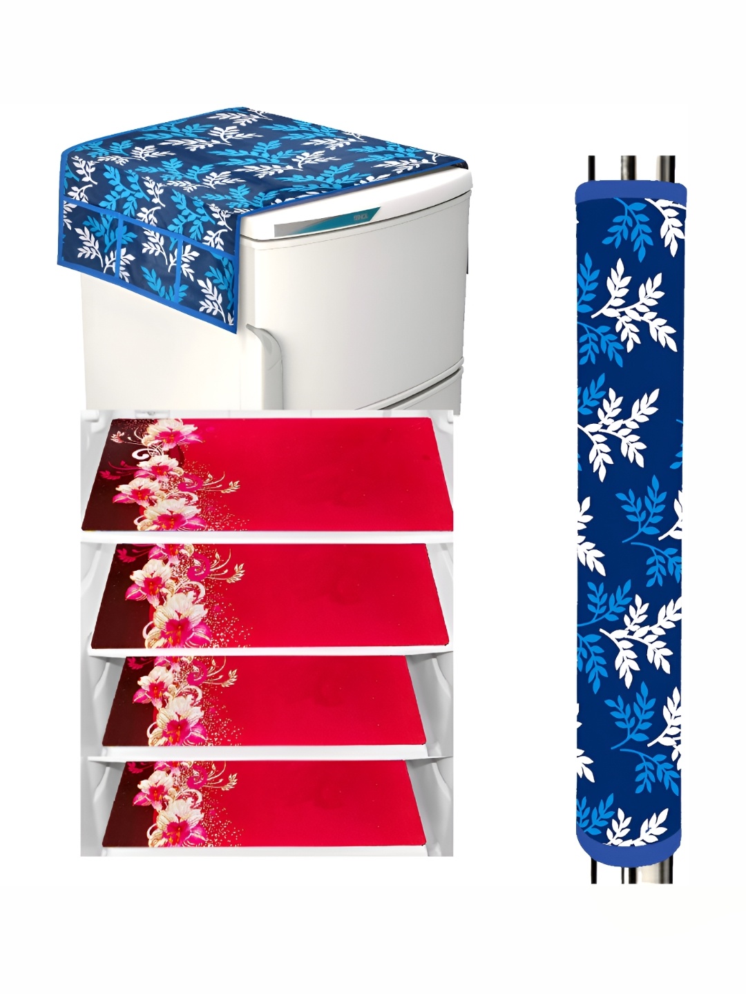 

REVEXO Blue & Red 6 Pieces Printed Refrigerator Cover & Mats