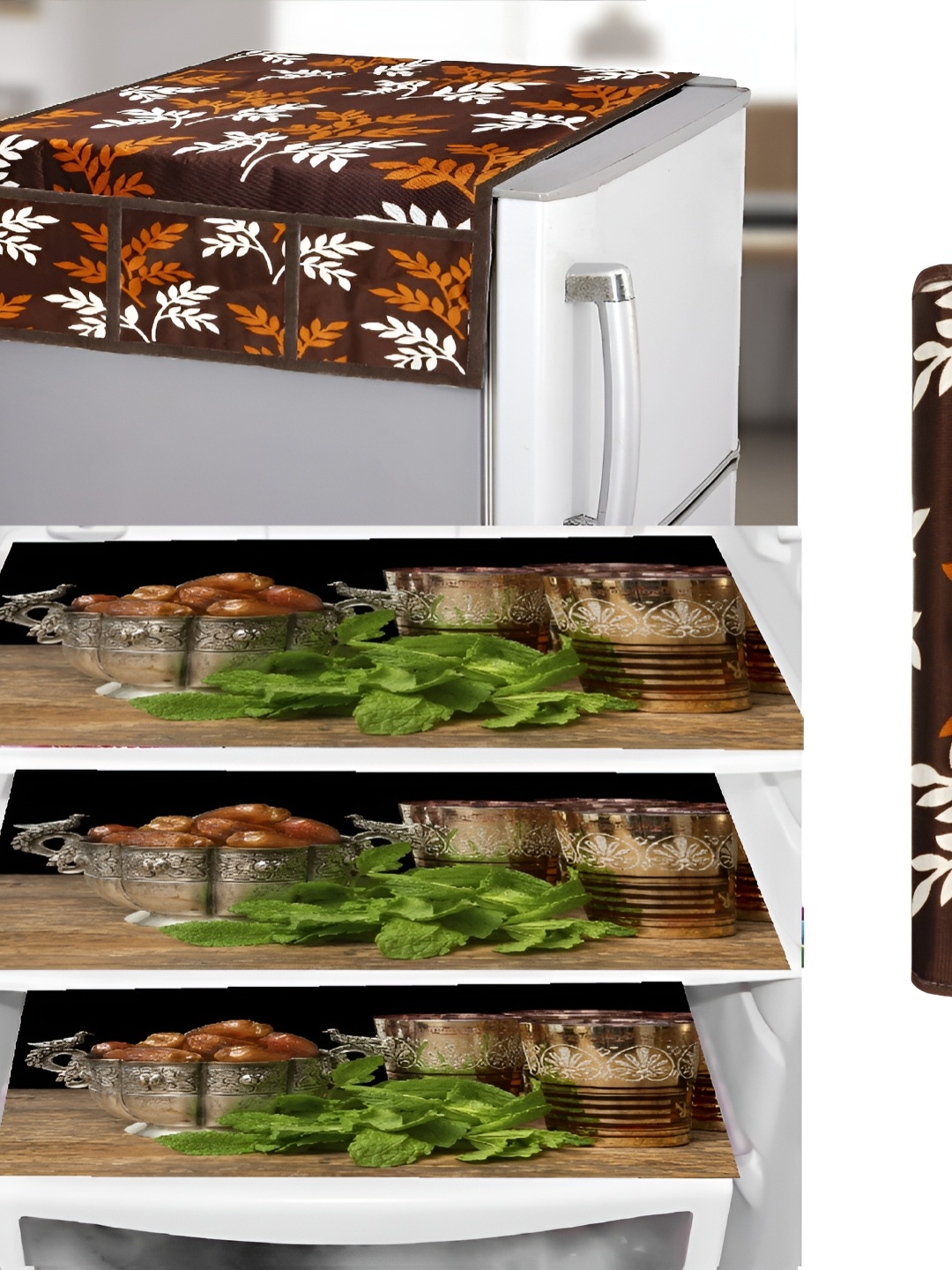 

REVEXO Brown & Green 6 Pieces Printed Refrigerator Cover & Mats