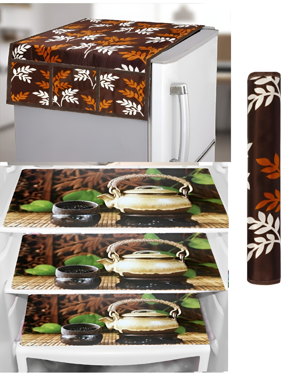 

REVEXO Brown & Green 5 Pieces Printed Refrigerator Cover & Mats
