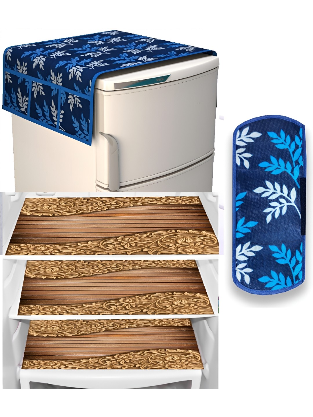 

REVEXO Blue & Brown 6 Pieces Printed Refrigerator Cover