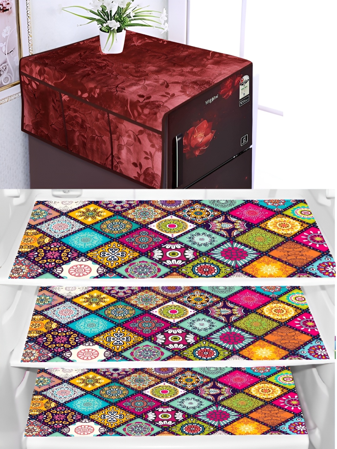 

REVEXO Maroon & Red 4 Pieces Printed Fridge Appliance Covers