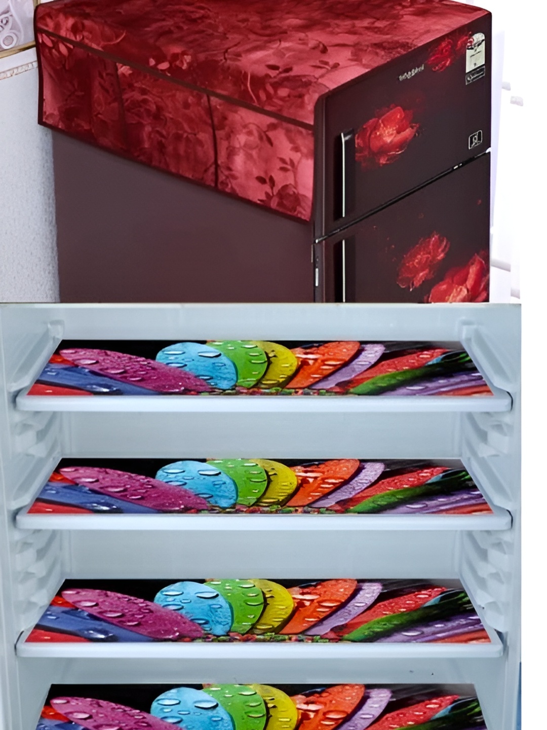 

REVEXO Maroon & Pink 5 Pieces Printed Fridge Appliance Covers