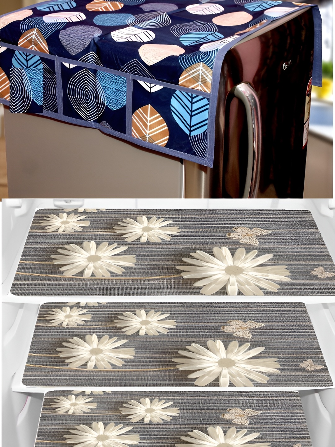 

REVEXO Blue & Beige 5 Pieces Printed Refrigerator Cover