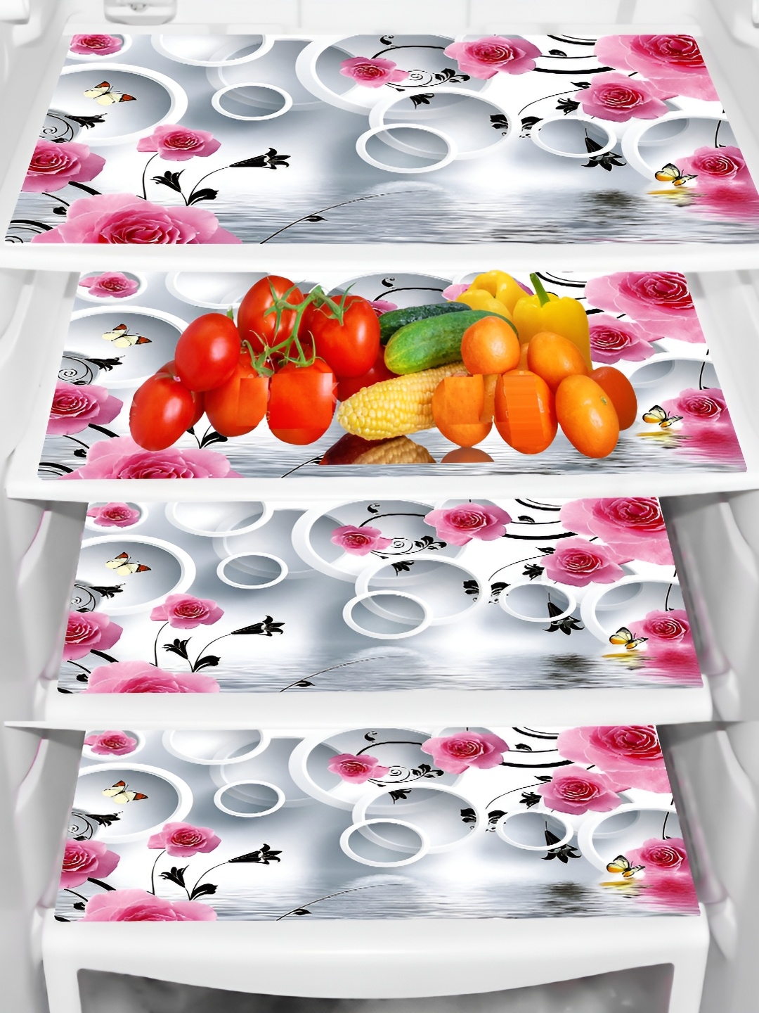 

REVEXO Pink & Transparent 4 Pcs Printed Water Resistant Shelf Liner Fridge Mats