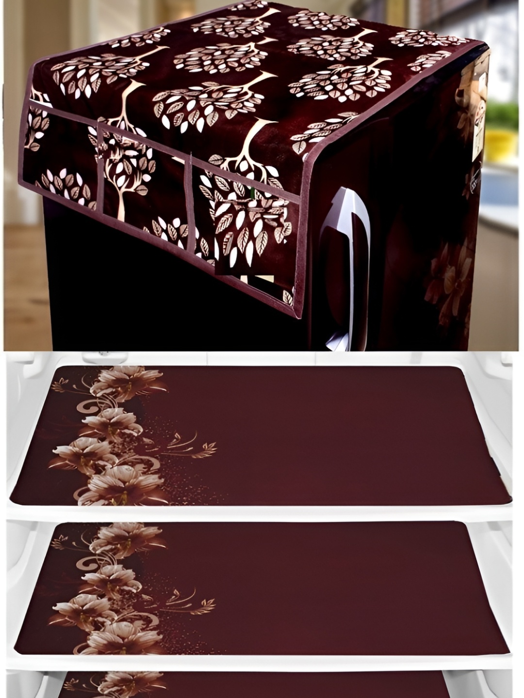 

REVEXO Maroon 4 Pieces Printed Fridge Appliance Covers, Brown