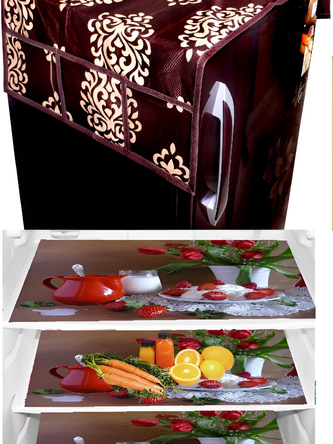 

REVEXO Maroon & Orange 4 Pieces Printed Fridge Appliance Covers, Brown