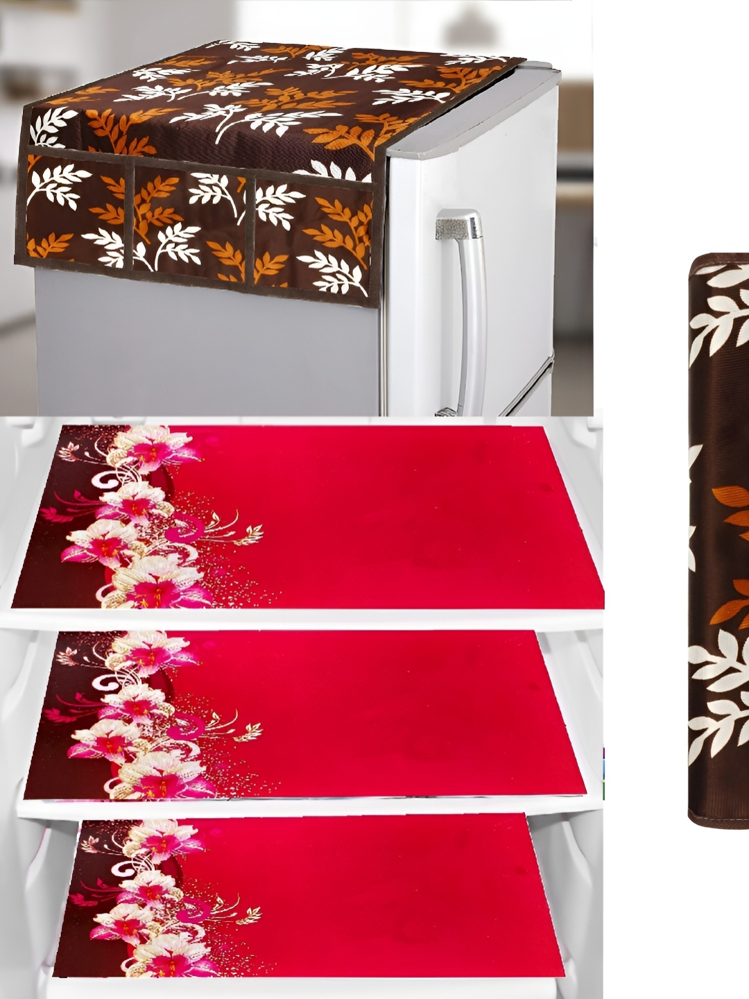 

REVEXO Red & Brown 5 Pieces Printed Fridge Appliance Covers