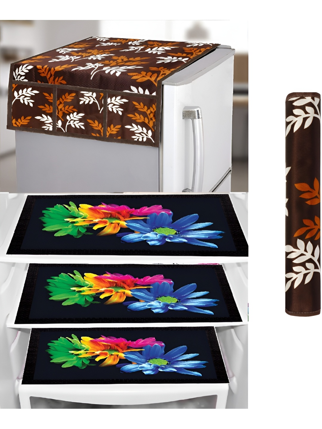 

REVEXO Brown & Black 5 Pieces Printed Fridge Appliance Covers