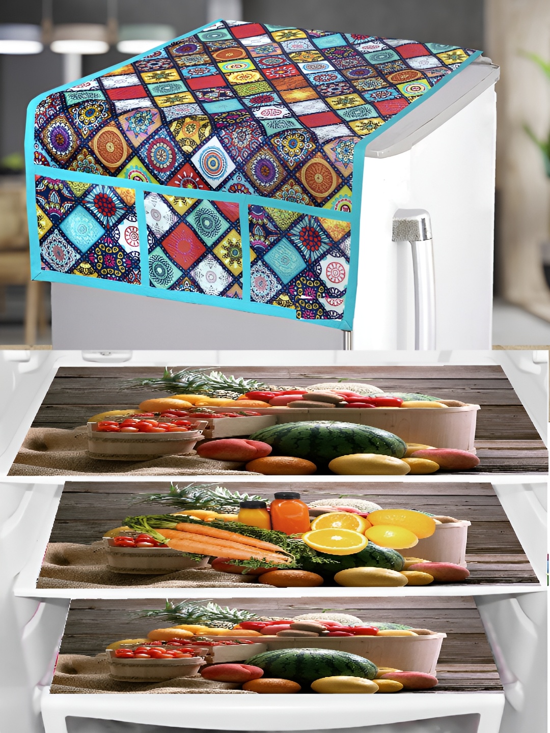 

REVEXO Blue & Brown 4 Pieces Printed Fridge Appliance Covers