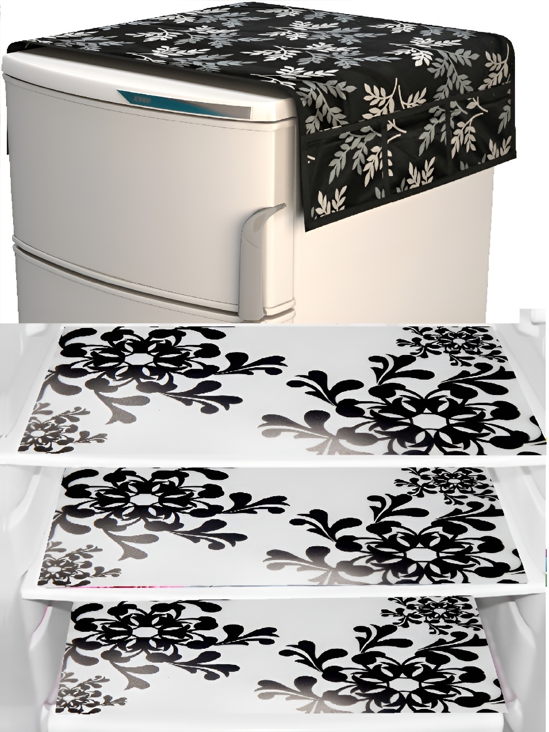 

REVEXO White & Black 7 Pieces Printed Refrigerator Cover