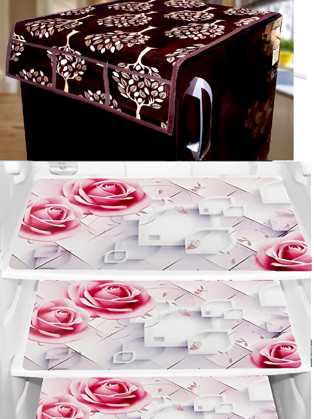 

REVEXO Burgundy & White 4 Pieces Printed Fridge Top Cover & Mats