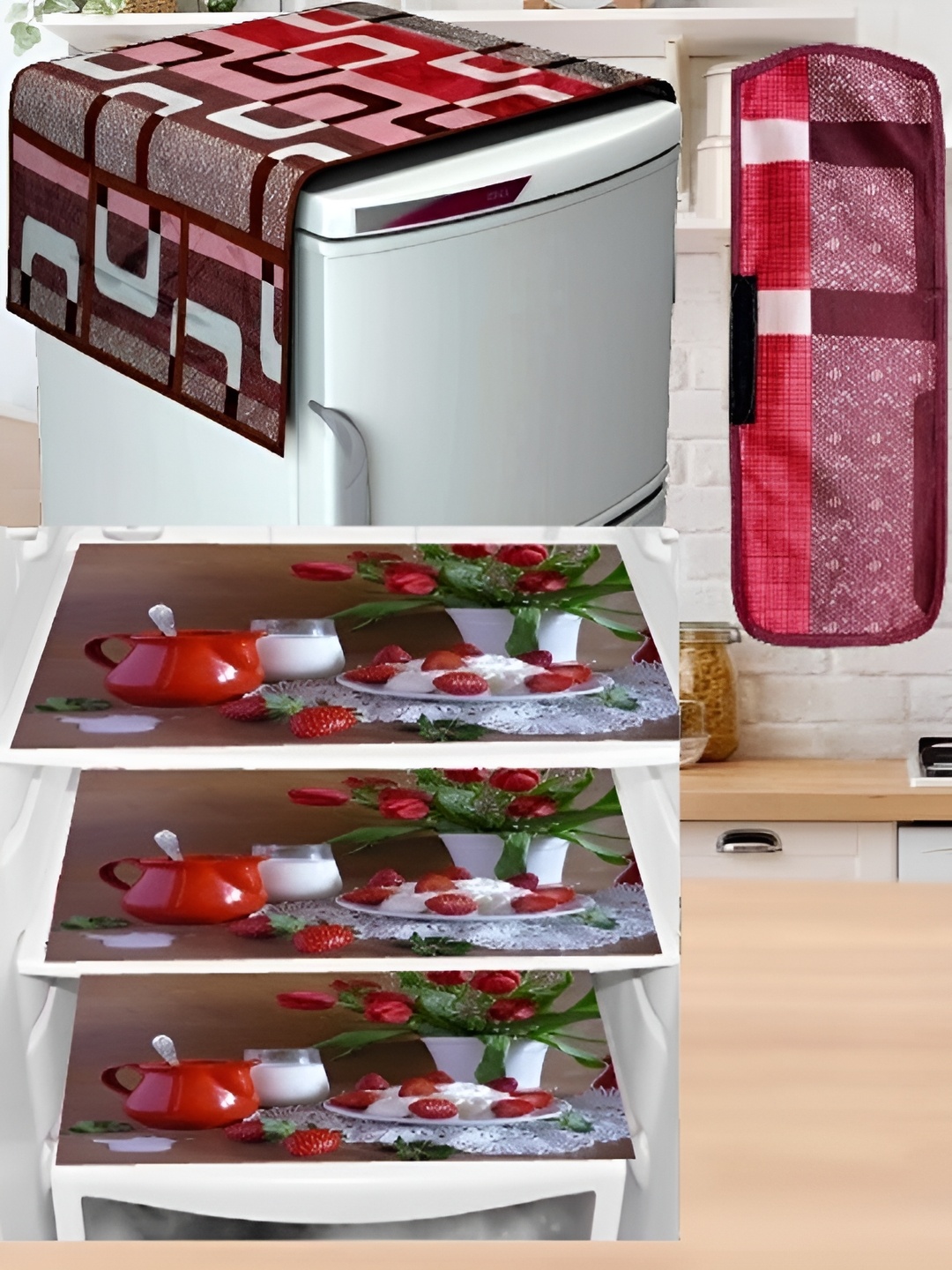 

REVEXO Red & Green 5 Pieces Printed Fridge Top Cover Handle Covers & Mats