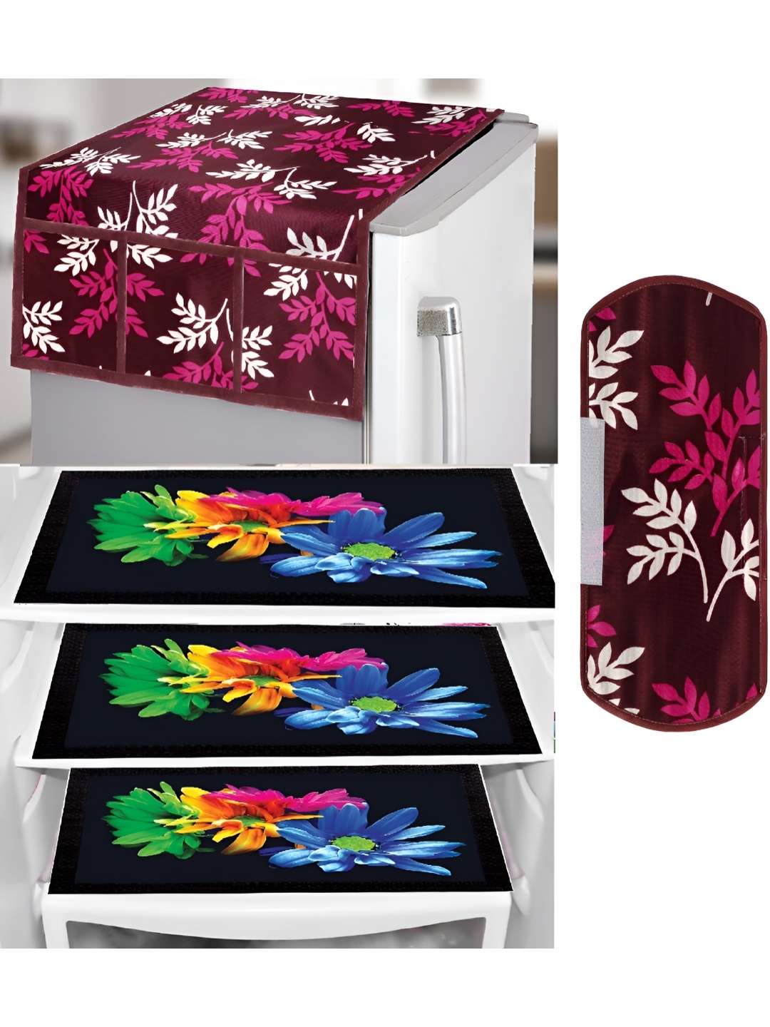 

REVEXO Burgundy & Black 5 Pieces Printed Fridge Top Cover Handle Covers & Mats